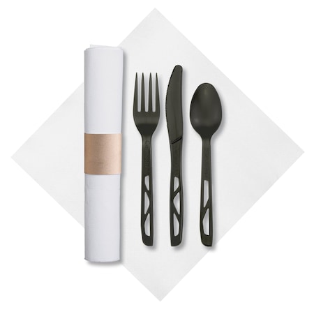 Hoffmaster 7.75" x 7.75" Pre-rolled White Napkins and Black Cutlery PK 50 PK 120025